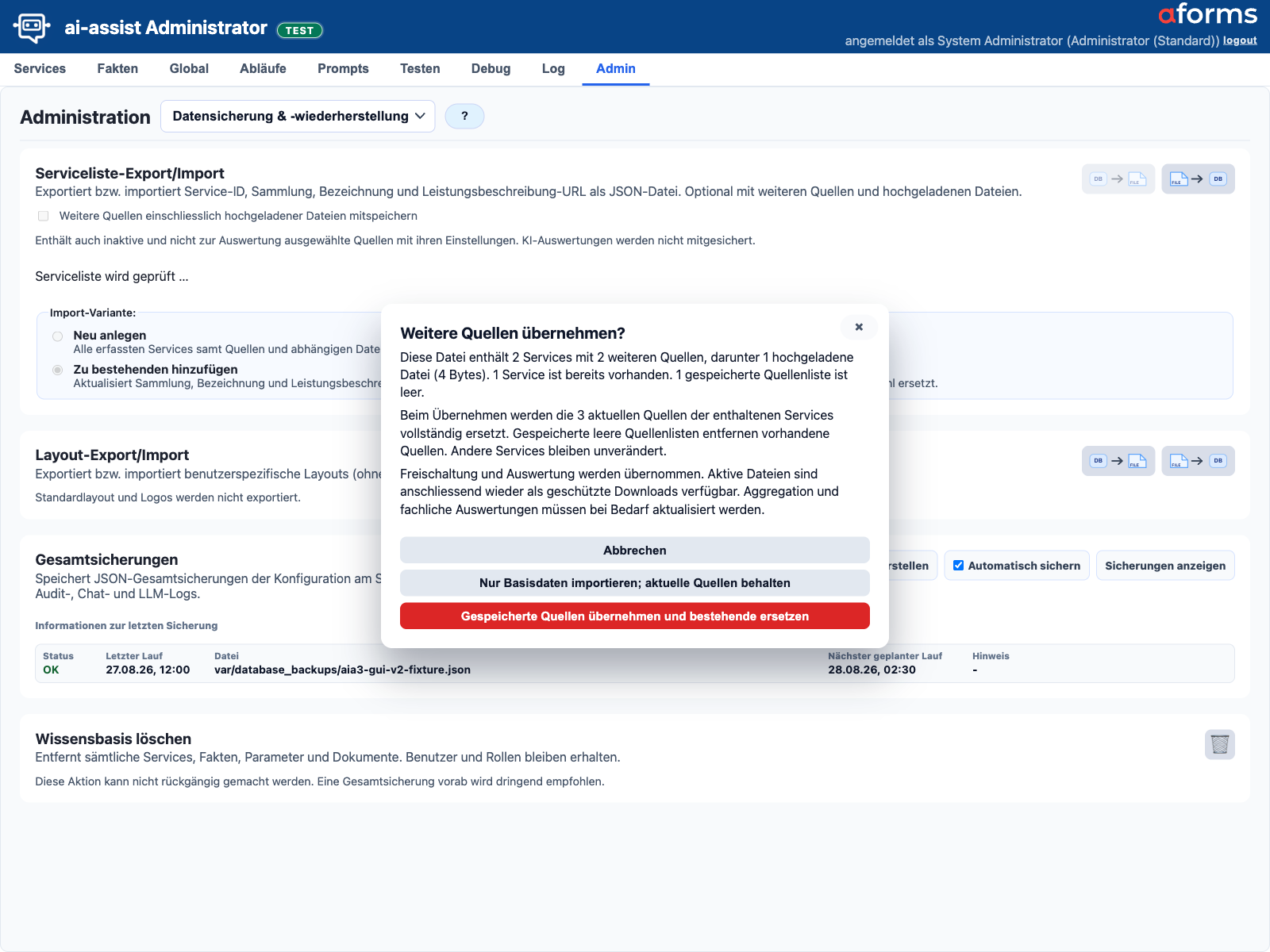 Importvorschau mit Quellenumfang und den Optionen Abbrechen, Basisdaten importieren oder Quellen ersetzen