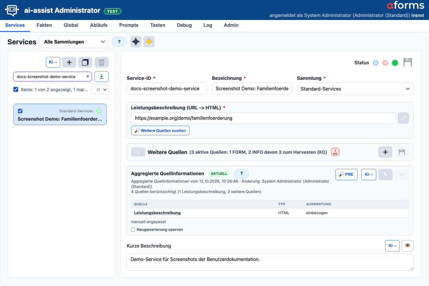 Services-Maske mit Navigation, Sammlungsfilter, Service-Liste, Mehrfachauswahl, Detailformular, weiteren Quellen, aggregierten Quellinformationen und KI-Aktionen