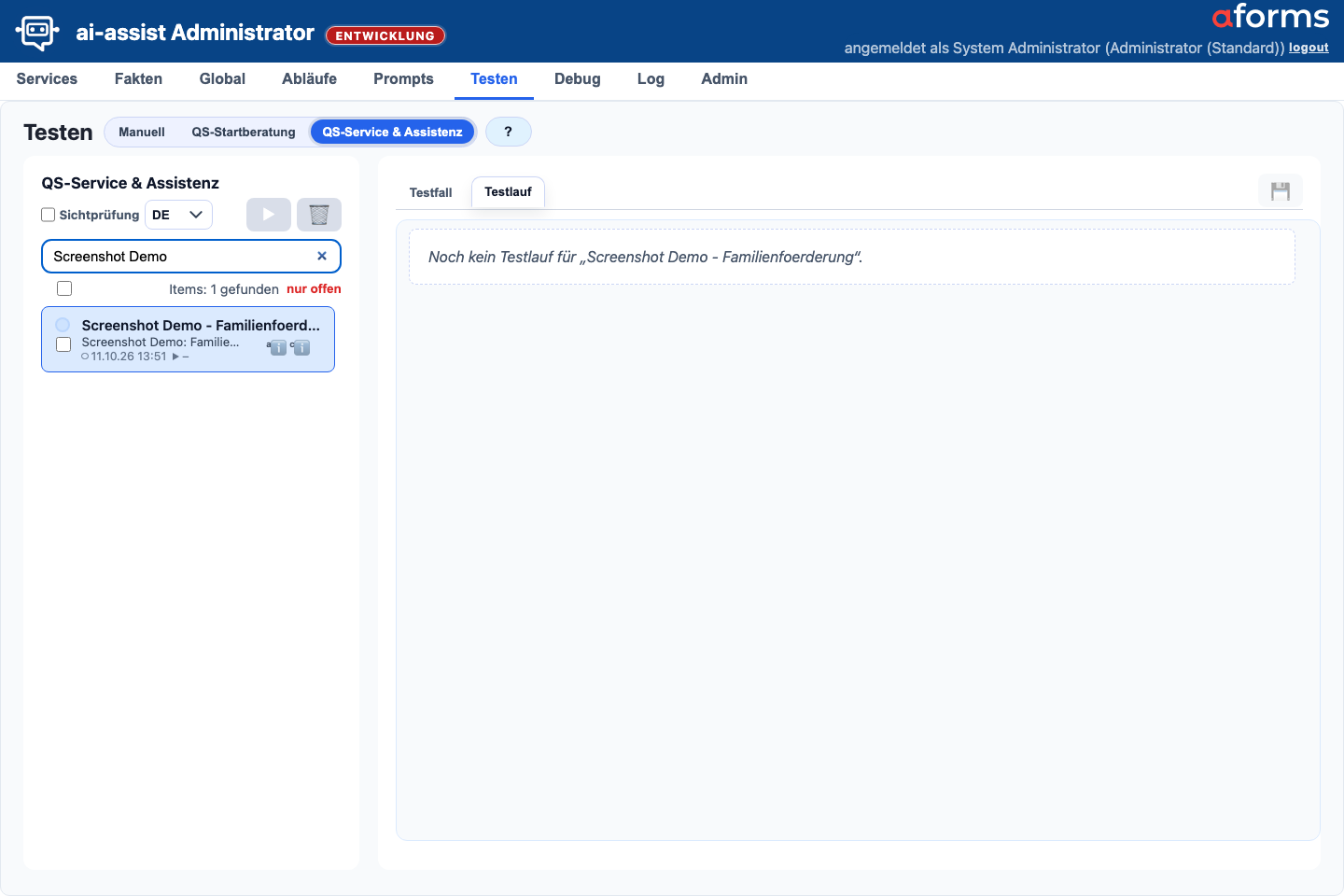 QS-Service und Assistenz mit nummerierten Demo-Testfällen und AUTT-Freigabepunkten links über den Auswahlcheckboxen