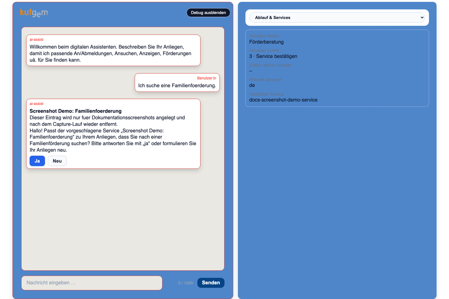 Bürgerchat mit eingeblendeter Debugspalte für Parameter und Voraussetzungen
